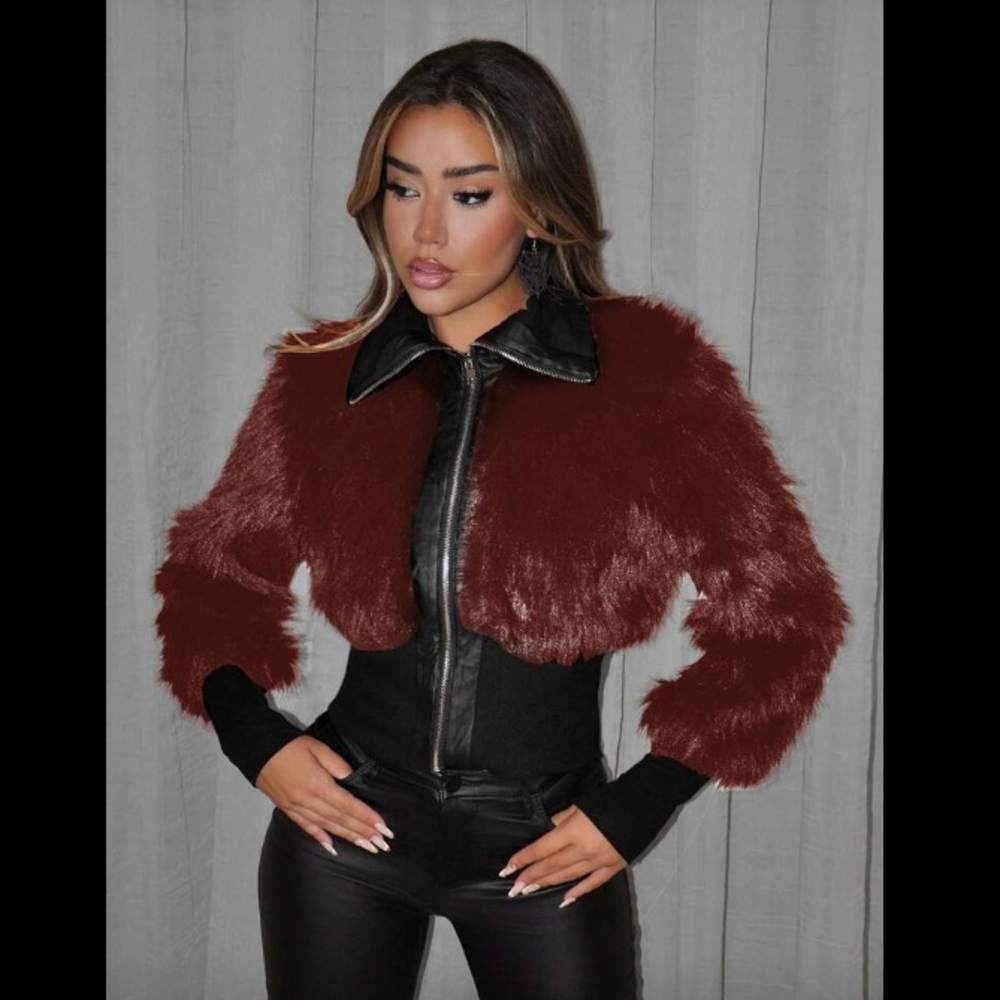 Dolls Kill Maroon Faux Fur Cropped Jacket with Black Leather Trim